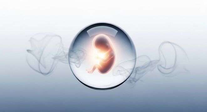 Fetus Encased in a Transparent Sphere Surrounded by Wispy Smoke, Symbolizing Life, Protection, and the Miracle of Birth.concept of the Center for Reproductive Medicine,IVF.Copy Space.