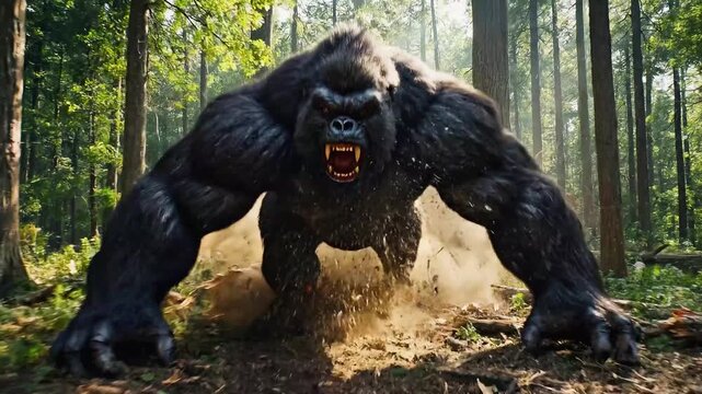 giant powerful gorilla charging aggressively through a dense forest kicking up dust and debris in a cinematic action sequence during a sunny day