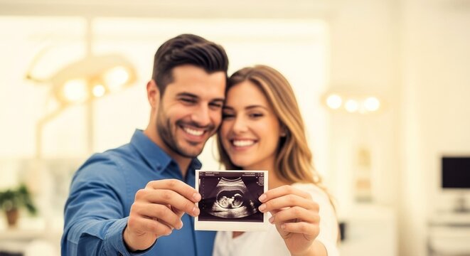 Happy couple celebrating their pregnancy by holding an ultrasound photo, showcasing joy and anticipation in a bright, modern setting.concept of the Center for Reproductive Medicine,IVF.Copy Space.
