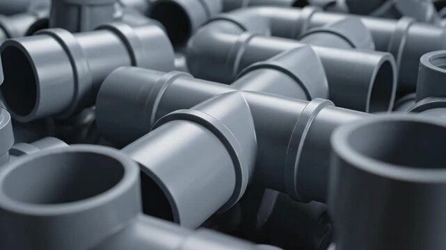 A pile of gray PVC pipe fittings and connectors, plumbing supplies in a factory setting, close-up view of construction materials
