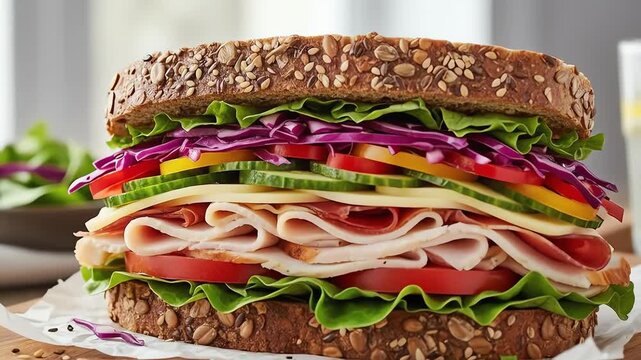 Multigrain Sandwich with Turkey Lettuce and Vegetables.