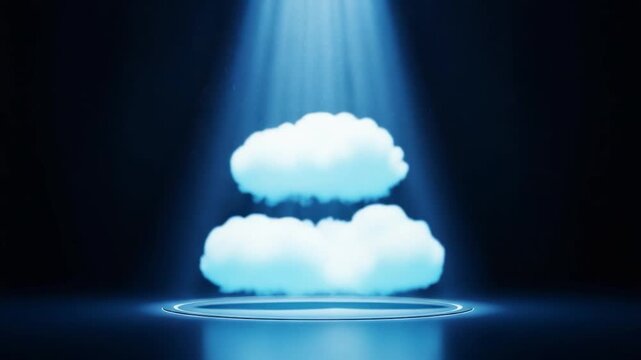 Cloud Computing: Illustrative depiction of cloud computing, showcasing luminous, ethereal clouds resting atop a circular platform, radiating a futuristic, data-driven vibe.