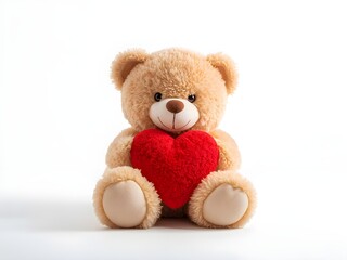 Obraz premium Cute Teddy Bear Holding Red Heart Isolated on White Background. Valentine's Day Concept. 