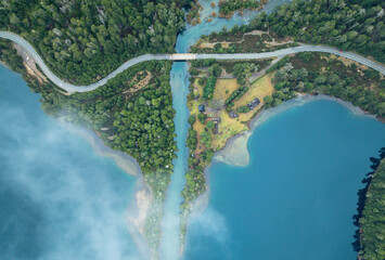 Aerial top-down view of Ruca Malen River and Lake Correntoso