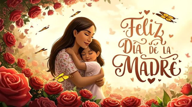 Feliz Dia de la Madre mother hugging child with roses.