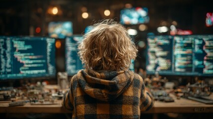 Obraz premium Young programmer working on multiple computer screens at night