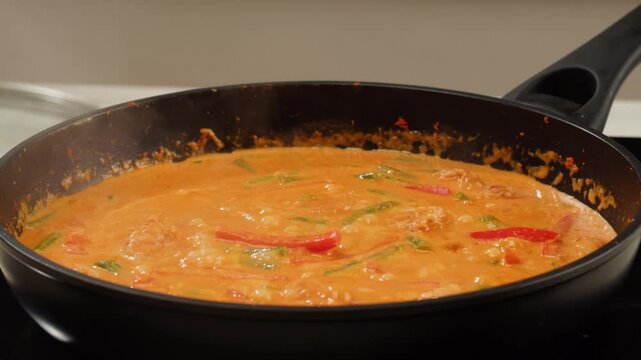 Tamarind red prawn curry cooking, shrimps in tomato ginger sauce, asian kitchen, Chinese restaurant.