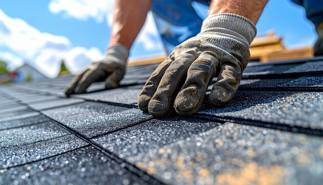 Close-up shot of a roofer wearing gloves installing shingles on a house roof on a sunny day