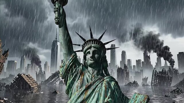 cinematic post apocalyptic wide shot of the statue of liberty partially submerged in dark water amidst a ruined new york city skyline during a storm