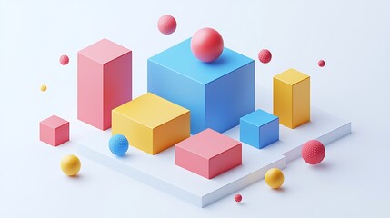 Obraz premium Geometric Abstraction: A captivating isometric arrangement of vibrant blocks and spheres, creating a visually stimulating composition of form and color.