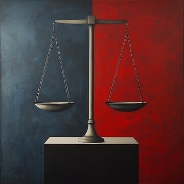 Balance in Justice: An artistic representation of a balanced scale symbolizes the core tenets of justice and fairness. The composition, marked by stark color contrasts and minimalist aesthetic.