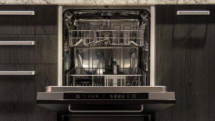 Open built-in dishwasher with black wooden facade and control panel