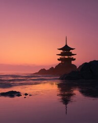 Pagoda reflected on calm water at sunrise, symbolizing peace, balance, and spiritual harmony