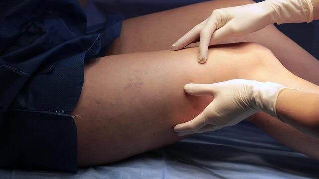 Vascular leg examination 4k video. Gently leg palpates the thigh to evaluate vein patterns.