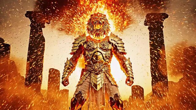 cinematic fantasy sequence of a powerful blonde warrior morphing into a golden lion armored knight amidst ancient desert ruins during a bright sunset
