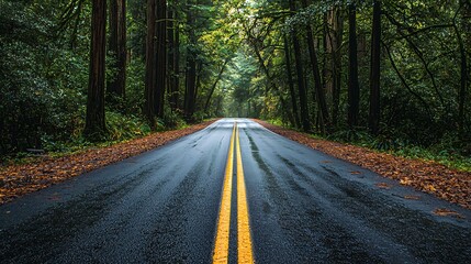 Fototapeta premium Open Road: A captivating perspective of an open road winding through a lush, dense forest, bathed in a serene ambiance that invites a journey of exploration and escape.