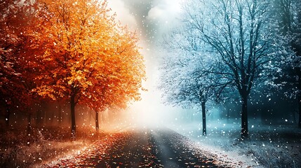 Obraz premium Season's Dichotomy: A serene juxtaposition of seasons, where the vibrant colors of autumn collide with the serene blues of winter. A path divides the landscape.