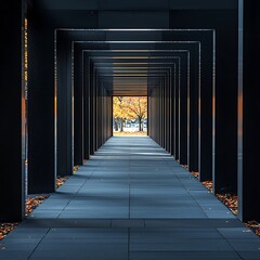 Fototapeta premium Architectural Perspective: Captivating shot of a modern architectural corridor, with linear perspective drawing the eye towards a distant, sunlit view.