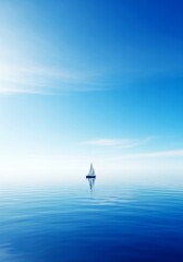 Naklejka premium A lonely sailboat drifts gently across the massive, mirror-like surface of the tranquil blue sea under a wide sky, solitude, exploration, deserted
