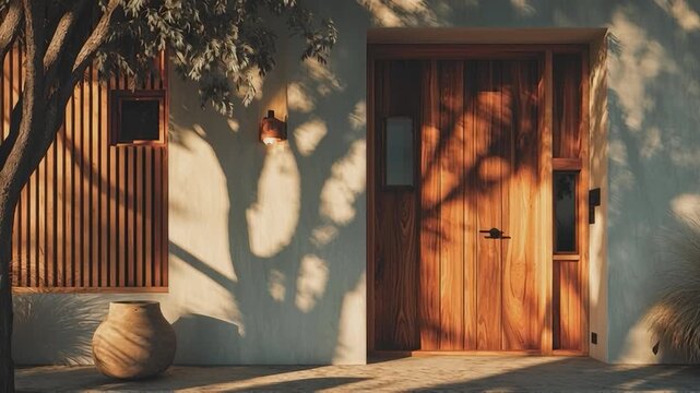 Warm Entrance: a beautiful rustic entrance, with wooden door and a decorative vase, set off the mood with a dramatic shadow. A captivating scene that brings peace and tranquility.