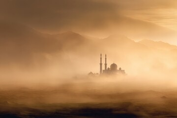 Single mosque partially veiled by gentle desert haze