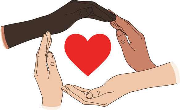 Diverse multiracial hands of different skin tones encircling a red heart shape representing global unity, inclusion, community support, love, and international cooperation concept.