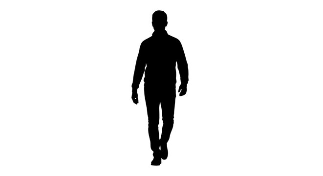 Silhouette of a man walking forward on a white background.
