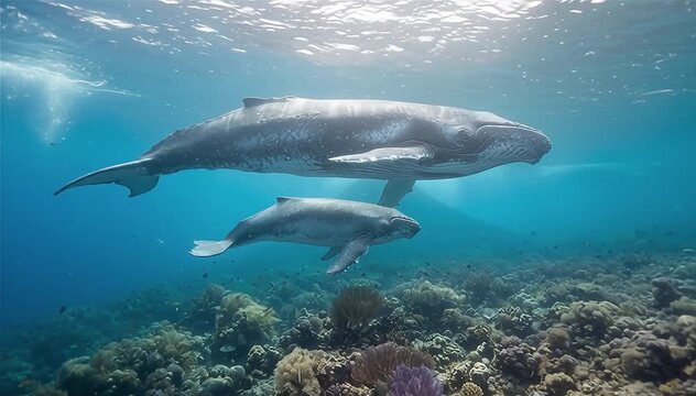 Blue whale mother and her calf (Balaenoptera musculus) roam the high seas, the Gulf of California on Mexico's Pacific coast
