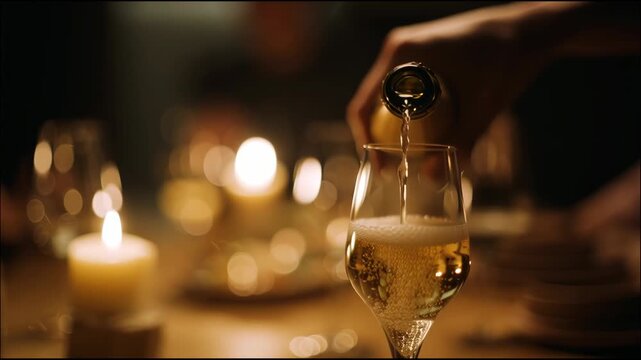 A waiter pours sparkling wine into a glass at a dinner party. A close-up of the golden, bubbling drink. The restaurant's warm atmosphere, candles, and blurred background.