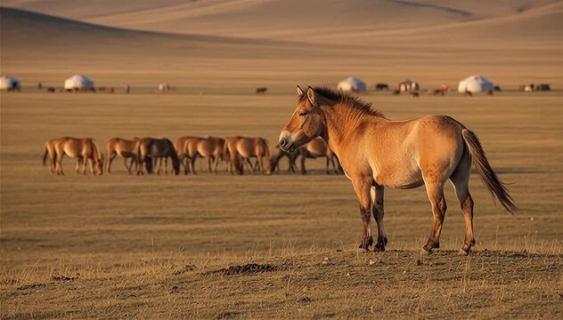 A Male Przewalski's horse (Equus ferus przewalskii) protecting  each harem , Mongolia
