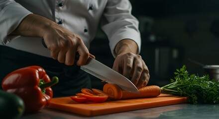 Obraz premium Chef carefully slicing a fresh carrot on a cutting board, preparing ingredients for a meal