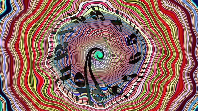 A clock warping in a circular motion and shifting color hues against a circular hypnotic colorful background.