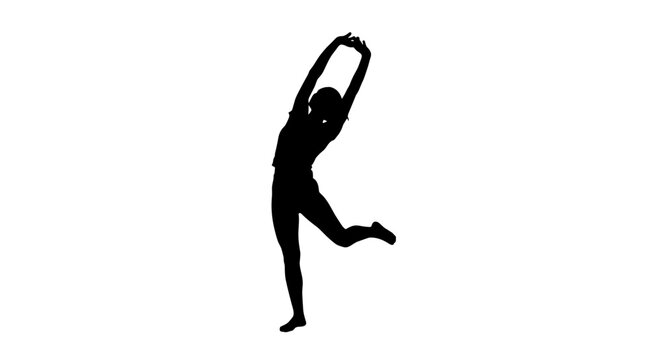 Silhouette of a woman stretching gracefully on a white background.