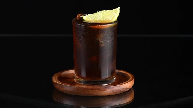 Refreshing iced cuba libre cocktail with lime garnish