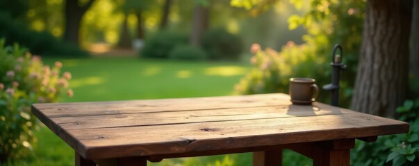 Antique wooden table, charming outdoor setting, deck, design, scene