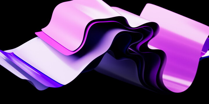 3D Illustration of Minimalist Fluid Ribbon Art Featuring Overlapping Light Pink and Vibrant Purple Sheets over Solid Black Backdrop