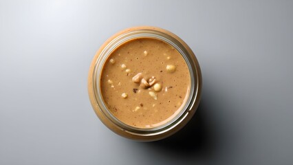 Minimal Food Still Life (Top View)-Top view of creamy walnut butter made from peanuts, almonds, and walnuts, presented in a simple glass jar on a soft grey background. 