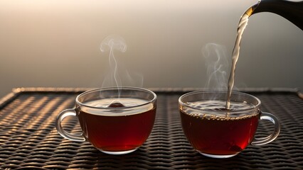 Sensory & Nature-Driven Mood (Timeless Aesthetic)-Two simple cups of black tea resting on a woven wicker table at dawn, surrounded by soft morning haze. 