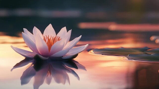 Elegant water lily floating on calm water with soft sunset light
