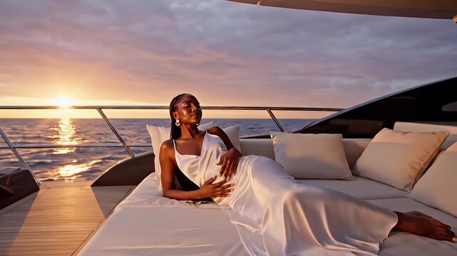 Elegant Black Woman Relaxing on Luxury Yacht Deck at Golden Hour Sunset
