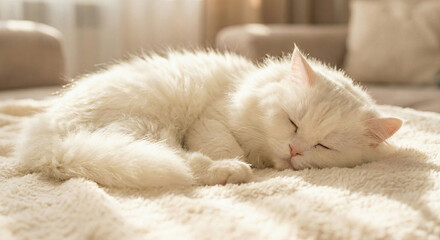 Obraz premium Serene Slumber of a Persian Cat: A fluffy white Persian cat enjoys a peaceful nap, curled up on a soft blanket, its relaxed posture radiating tranquility. 