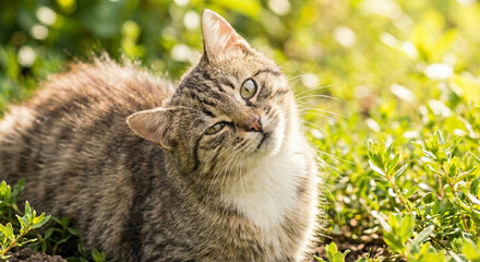 Curious Gaze of a Cat: A close-up shot of a tabby cat tilting its head inquisitively, surrounded by a lush bed of grass, capturing a moment of curiosity in the sun's warm glow.