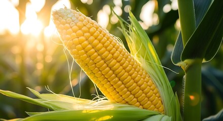 A ripe ear of corn in a lush green field during sunset