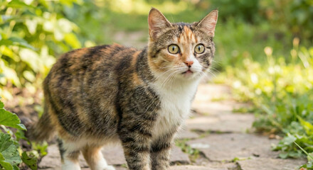 Obraz premium Curious Gaze: A captivating cat, with a striking coat of diverse hues, stands alert on a garden pathway. Her expression is a mixture of curiosity, anticipation.