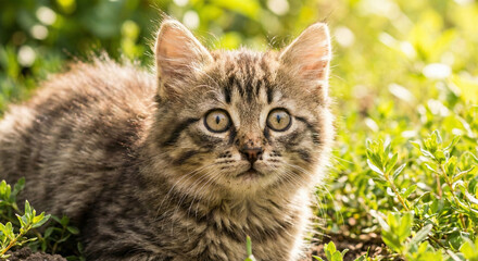 Obraz premium Playful Kitten in the Sunlight: A curious kitten with captivating eyes and a fluffy coat sits amidst lush green grass, bathed in warm sunlight.