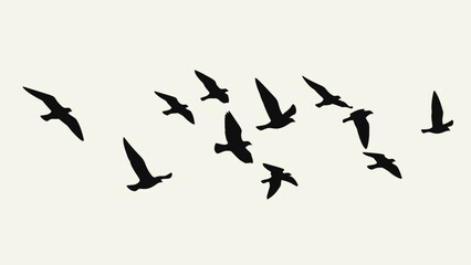 A flock of birds flying in silhouette against a light background.