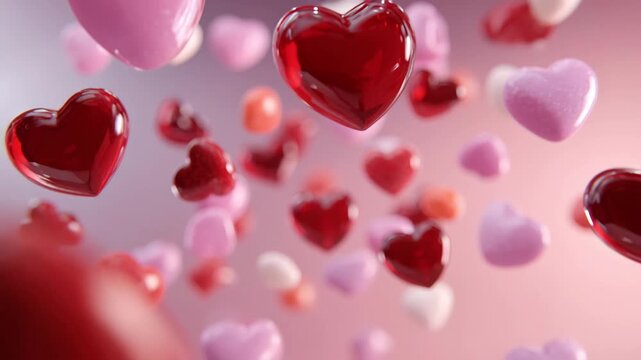Floating heart shaped confections in soft focus against a gradient background