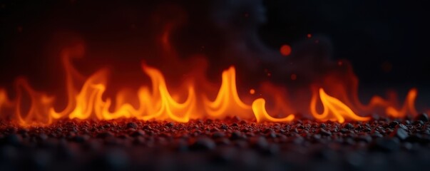 Close-up of flickering flames, charcoal-black backdrop , yellow, burning wood