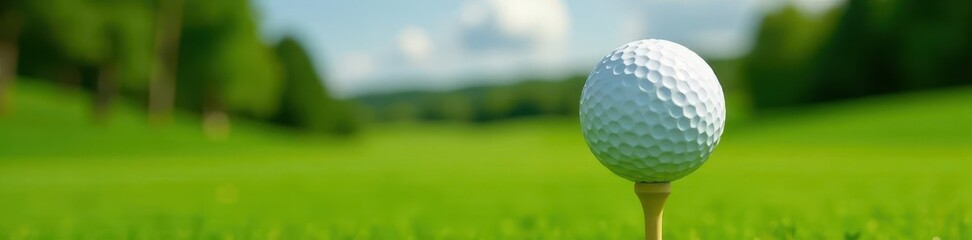 Close-up of golf ball on tee, scenic golf course background, leisure, field, scenic