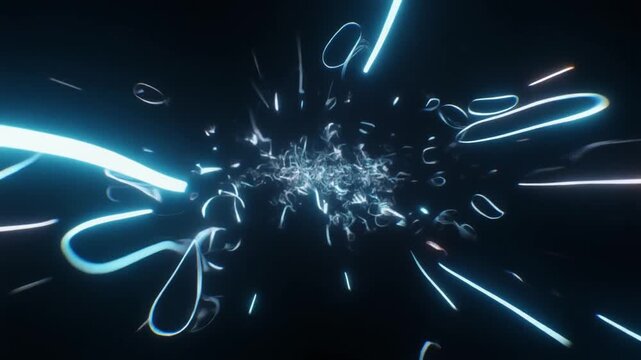 Generative AI creates abstract floating light ribbons in zero gravity space animation